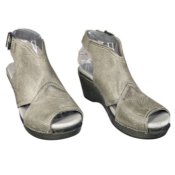 Dansko Women’s Vanda Grey Leather Open Toe Wedge Sandal Size 38 US 7.5/8 - Picture 5 of 11